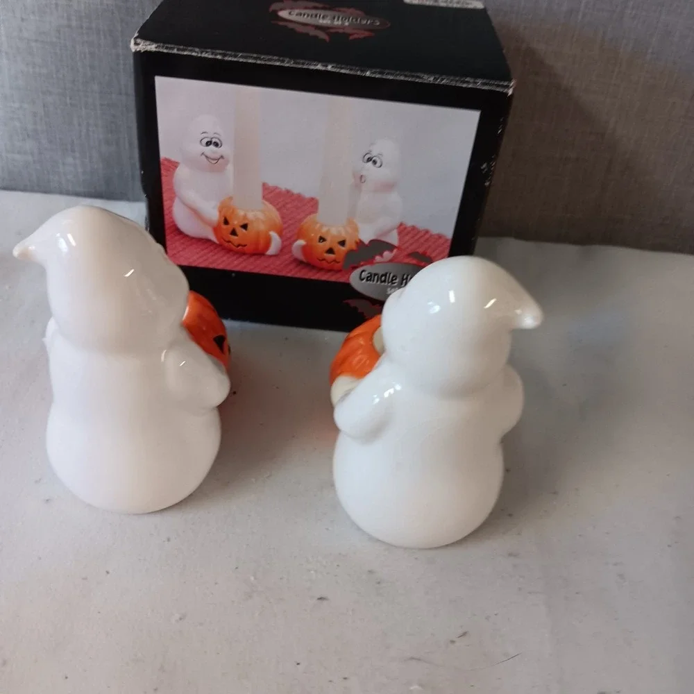 Vintage Halloween Ceramic Ghost Pumpkin Taper Candle Holders Set of 2 Decor